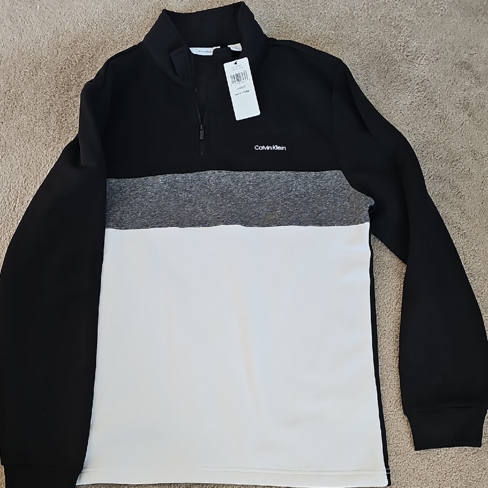 Calvin Klein Men's Black, Gray, and White Zip-Up Sweater